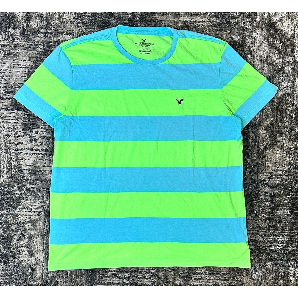 American Eagle Outfitters men's stripe t-shirt neon green aqua XL